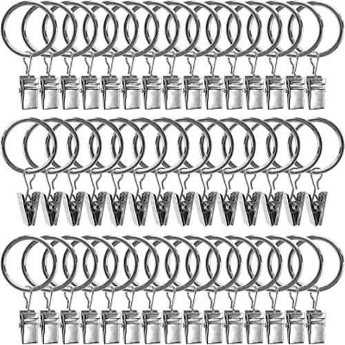 44 Pack Metal Curtain Rings with Clips, Drapery Clips with Rings, Drapes Rings 1 in I D, Fits Diameter 6/8 in Curtain Rod, Silver