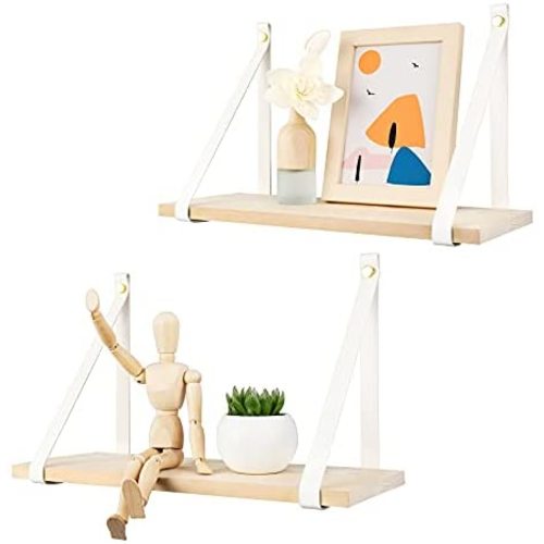 POTEY Natural Wood Floating Shelves Wall PU Leather Strap for Bathroom Bedroom, Living Room, Kitchen, Set of 2 Solid Wooden Hanging Plant Shelf Over Toilet, Modern Home Décor