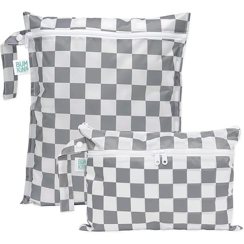 Bumkins Waterproof Wet Bag and Wet Dry Clutch Bags for Baby, Travel, Swim Suit, Cloth Diapers, Pump Parts, Pool, Gym Clothes, Toiletry, Hook to Stroller, Daycare, Packing Pouch, 2-pk Gray Check