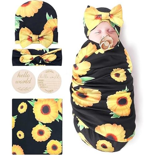 BQUBO Baby Girl Newborn Floral Receiving Blankets with Bow Hat Headband Wooden Birth Announcement Card Set Newborn Baby Swaddling Hats Sleepsack Toddler Warm Shower Gift