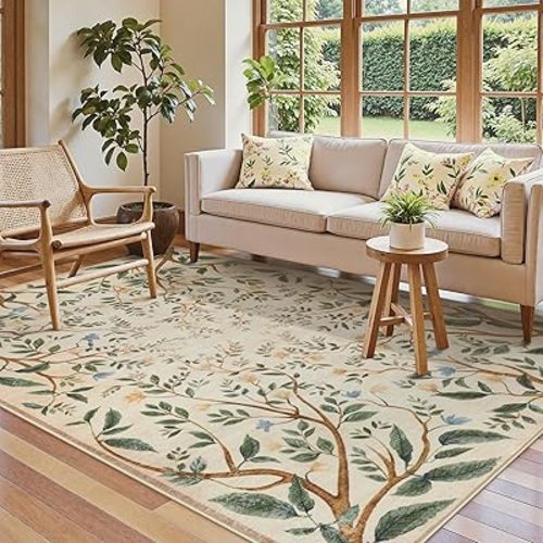 Collive Washable Area Rugs for Living Room, Beige 5x7 Bedroom Rug, Floral Forest Botanical Flourishing Vines Soft Non-Slip Stain Resistant Boho Carpet for Dining Room Office