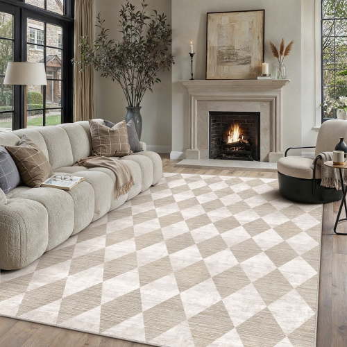 BERTHMEER 8'x10' Area Rugs for Living Room Modern Rhombus Checkered Rug Dining Room Bedroom Kitchen Non Slip Washable Farmhouse Office Geometric Contemporary Rugs Carpets,Beige
