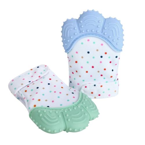 PandaEar Soothing Teething Mitten 2 Pack, Pain Relief, Protection Glove, Stimulating Teether, 0-12 Months (Blue Green)