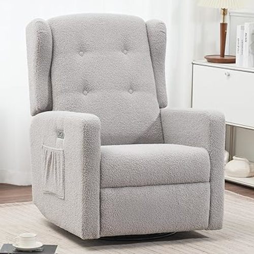 Power Swivel Rocking Recliner Chair, Electric Rocker Nursery Glider Chair, USB and Type-C Ports, Upholstered Teddy Fabric Reclining Single Sofa Chair for Living Room (Teddy Grey)