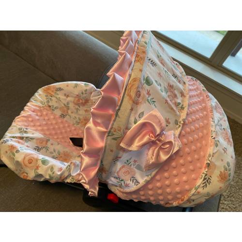 Baby infant car seat cover hood cover pink roses baby pink minky boho country girl floral head headrest strap covers handle cushion