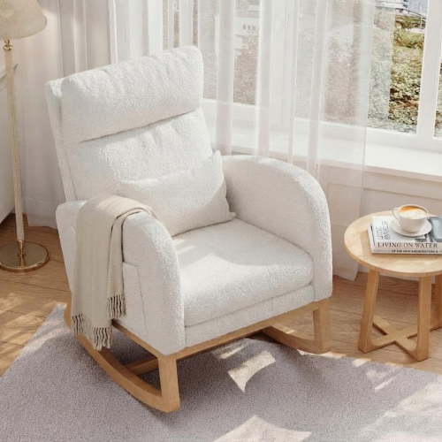 IdealHouse Modern Nursery Rocking Chair, Boucle Upholstered Rocker with Side Pocket, Ergonomic Glider for Bedroom, Living Room, Nursery, Easy Assembly, Beige