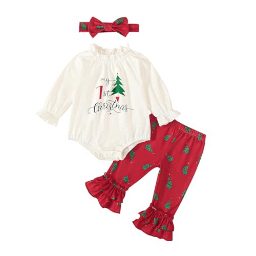 Ovmxqso Newborn Baby Girl My First Christmas Outfits Letter Tree Print Pleated Ruffle Romper Flared Pants+Bow Headband