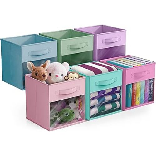 Sorbus 11 Inch Storage Bins with Clear Window - 6 Foldable Baskets for Organizing Clothes, Toys, Books - Sturdy Collapsible Fabric Storage Cubes with Handle - Storage Baskets for Shelves, Closets