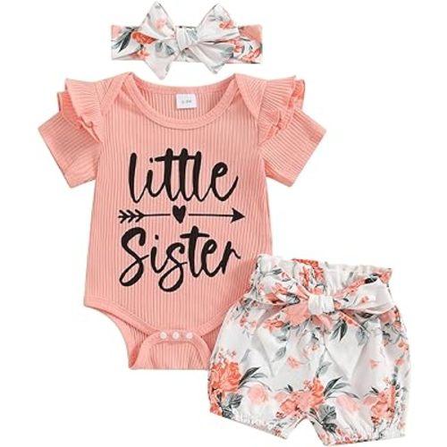 Newborn Baby Girl Auntie Outfits Auntie's Bestie Short Sleeve Ribbed Romper Floral Shorts Clothes with Headband
