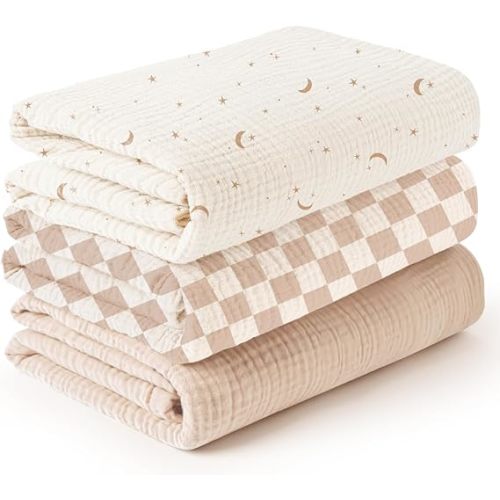 Konssy 3 Pack Muslin Swaddle Blankets for Unisex, Newborn Receiving Blanket, Large 47 x 47 inches, Soft Breathable Muslin Baby Swaddles for Boys & Girls