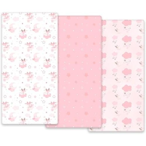 3-Pack Baby Fitted Crib Sheets for Girls，Standard Crib and Toddler Mattress，Soft Breathable Microfiber Jersey Knit Crib Bed Sheets
