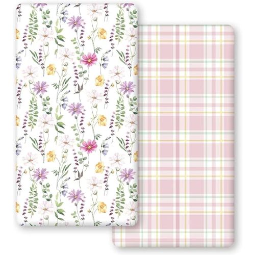 Horaldaily 2 Pack Fitted Crib Sheet for Boys Girls,Soft Breathable Washable Jersey Microfiber Baby Crib Sheet, Fits Standard Size Crib Mattress 28in x 52in, Floral Plaid Nursery Sheet Pink/White
