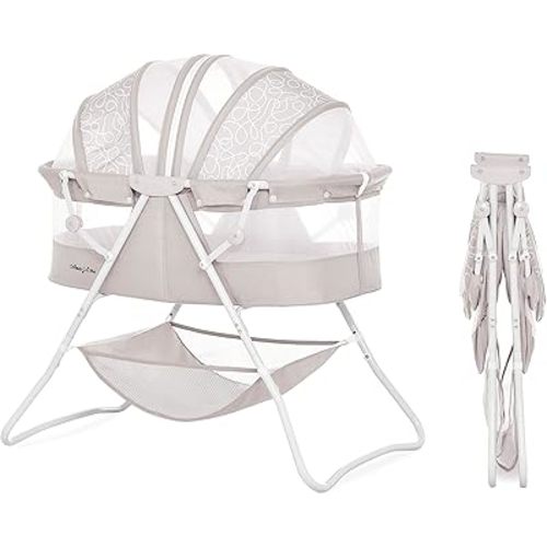 Karley Bassinet in Cool Grey, Lightweight Portable Baby Bassinet, Quick Fold and Easy to Carry , Adjustable Double Canopy, Indoor and Outdoor Bassinet with Large Storage Basket.