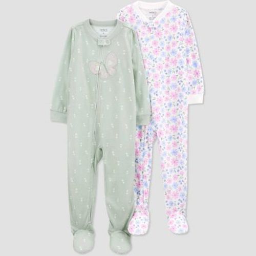 Carter's Just One You®️ Toddler Girls' 2pk Floral And Butterfly Footed Pajama - White/green 2t