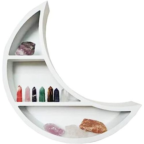 Kirpi Crescent Moon Shelf for Crystals, White Floating Moon Shelf Hanging, Wall Art Floating Shelves for Bathroom, Boho Decorative Hanging Moon Shelves,17''x 15''x 3'' (White Style 2)