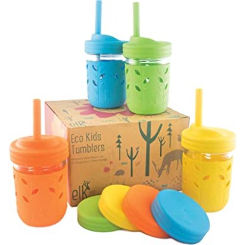 Elk and Friends Kids & Toddler Cups | The Original Glass Mason jars 8 oz with Silicone Sleeves & Silicone Straws with Stoppers | Smoothie Cups | Spill Proof Sippy Cups for Toddlers
