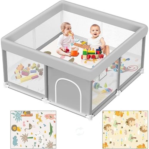 Baby Playpen with Mat, 50x50 Inch Playpen with Mat Waterproof for Babies and Toddlers Play Pen Playards Safety Gate Fence Active Center Indoor