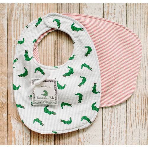 Gators on Blue Seersucker Reversible Bib OR Bib and Burp Cloth Set