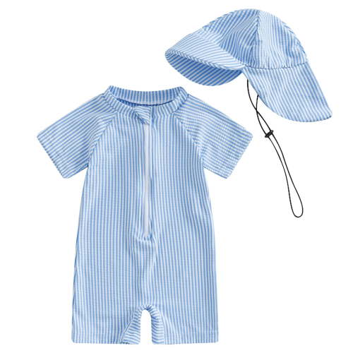 Akiihool Boys Swimsuits Baby Boys Swim Trunk with Rash Guard and Hat Set (Blue,0-3 Months)