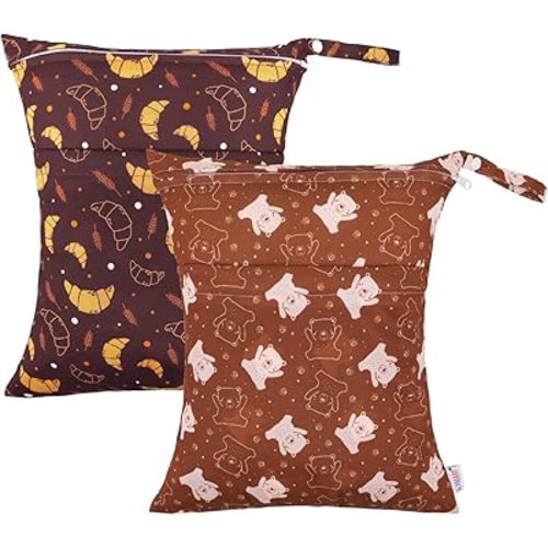 ALVABABY 2pcs Cloth Diaper Wet Dry Bags Waterproof Reusable with Two Zippered Pockets Travel Beach Pool Daycare Soiled Baby Items Yoga Gym Bag for Swimsuits or Wet Clothes 2LM02
