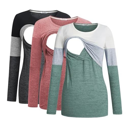 Bearsland Women's 3 Packs Maternity Clothes Long Sleeves Breastfeeding Shirts Nursing Top