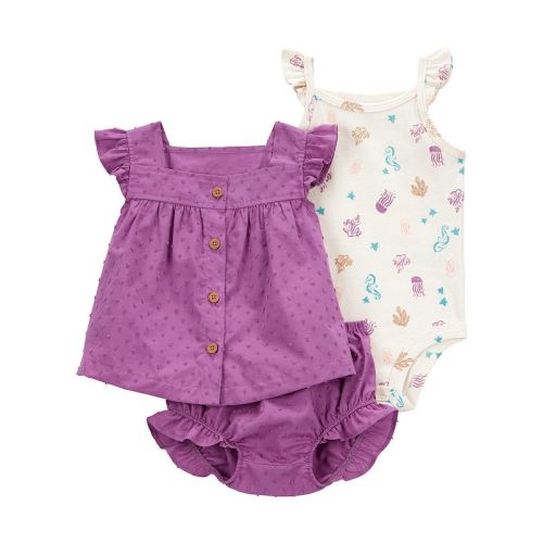 Baby Girl Carter's 3-pc. Button-front top, Seahorse Bodysuit & Diaper Cover Set