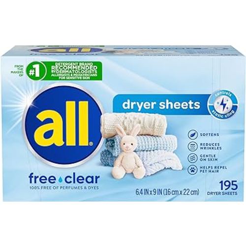 all Fabric Softener Dryer Sheets for Sensitive Skin, Free Clear, 195 Count
