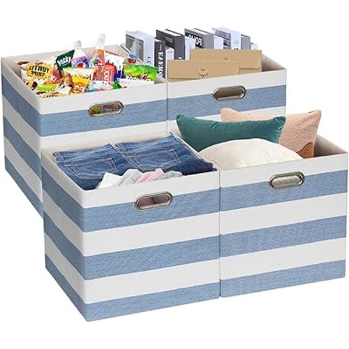 Posprica Storage Basket Bins,11×11 Collapsible Storage Cubes Fabric Drawers for Nurseries,Offices,Closets,Home Décor (Set of 4, Blue-white Striped)