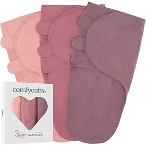 Comfy Cubs Easy Swaddle Blanket, 3 Pack - 100% Cotton Newborn Wrap, Small for 0-3 Months Infants, Breathable and Durable Sleep Sack for Babies - Blush, Mauve & Mulberry