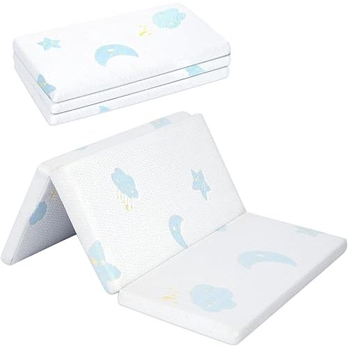 Pack and Play Mattress Pad，Trifold Portable Crib Pack N Play Mattresses,38 * 26" Inch Jacquard Playpen Mattress for Travel Soft Breathable Play Yard Mattress with Washable Cover (Moon/Star-Trifold)