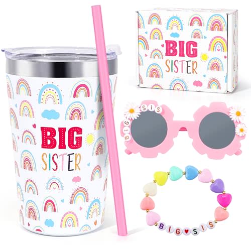 iAOVUEBY Big Sister Gifts for Girls, 3PCS Big Sister Gift Includes 12 oz Pink Sister Cup Sunglasses Bracelet Sibling Gift From New Baby, Big Sister Announcement Gifts for Girls Age 2-8