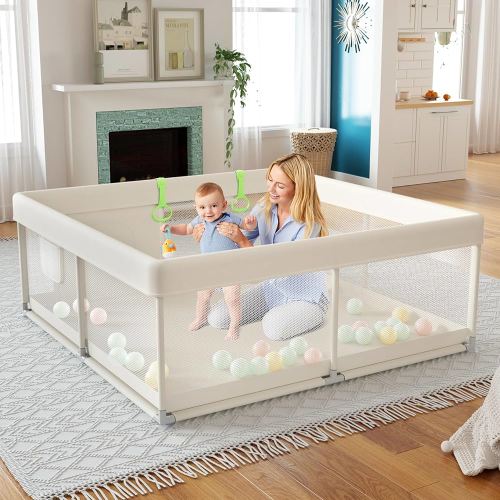 Fodoss Baby Playpen, Upgrade Playpen for Babies and Toddlers, 47x47x26inch Beige Play Pen for Babies with Hand Pulling Ring, Play Pen Center for Kids,Baby Fence,Baby Playards