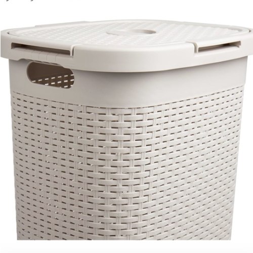 Slim Laundry Hamper, Lid, Wicker Design, Ivory