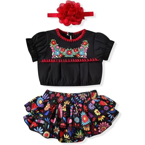 HINTINA Infant Baby Girl Mexican Embroidery Floral Shorts Outfits Ethnic Wear Cinco De Mayo Fiesta Clothes Set