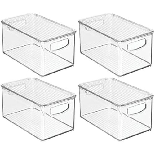 mDesign Contenedor de plástico para almacenamiento profundo con tapa y asas integradas, organización para frutas, aperitivos o alimentos en despensa de cocina, armario o armario, colección Ligne,