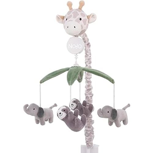 NoJo Plush Giraffe Taupe, Green, and Gray Elephants and Sloth's Musical Mobile