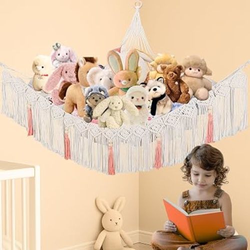 Stuffed Animal Hammock - Large Corner Macrame Plush Hammock, Stuffed Animal Storage Net