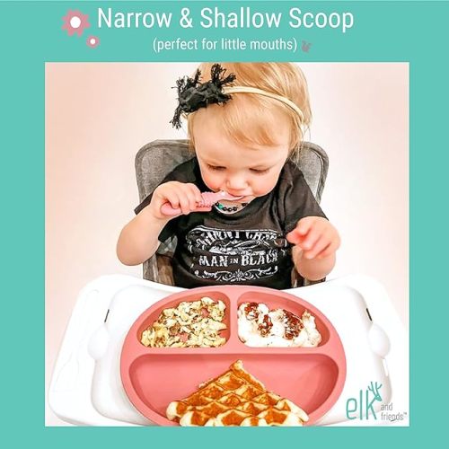 Elk and Friends Silicone Baby Spoons | Travel Case Included | First Stage Infant Toddler Spoon | Baby Led Weaning Stage | Dishwasher Safe - Navy/Sage/MistyBlue/Ivory/Tan/Gray incl container