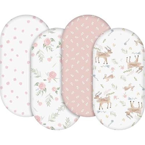 Gllquen Baby Bassinet Sheets 4 Pack, Breathable Cozy Fitted Mattress Sheet, Elastic Travel Crib Fashionable Floral Pattern, Standard Cradle Safe Sheets for Baby Boy Girls 32"X16"(Deer & Rose)