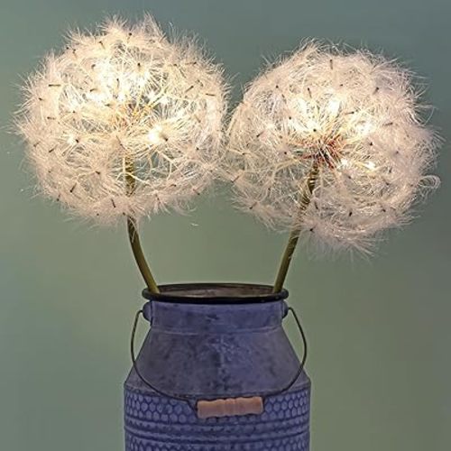 TOPIA Artificial Dandelion Flower with LED Light, 2 Pack, Warm White Light with 6H Timer, Giant Size 8 inch Head for Christmas and Home Decor