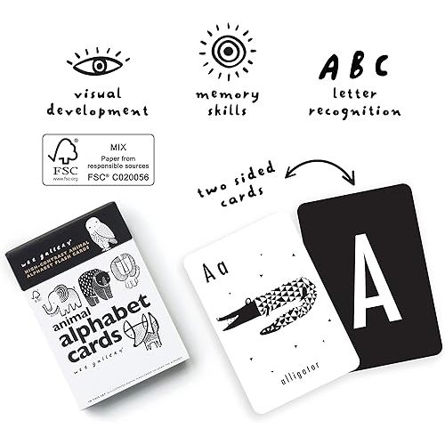 Wee Gallery Educational Flashcards for Babies, Double Sided Black and White Learning Flash cards, Animal Alphabet Cards for Visual Stimulation and Cognitive Development of Infants and Toddlers