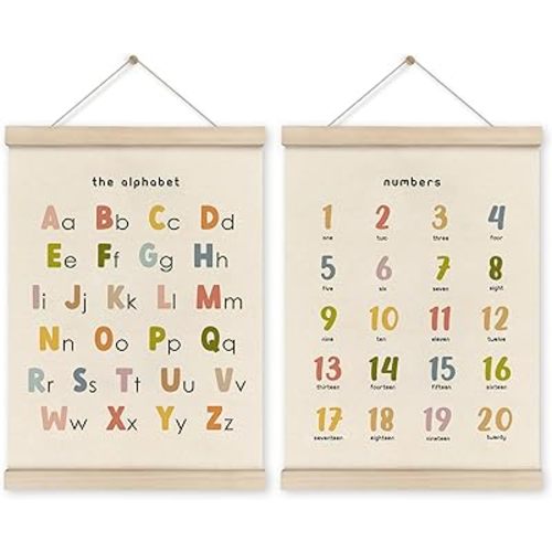 HRQKO Alphabet Numbers Poster Hanger Frame Set of 2, Nursery Wall Decor, Boho ABC Poster Wall Art with Wooden Frames, Cute Alphabet Banner Wall Hanging Decor for Toddlers Room Playroom, 12x16 Inch