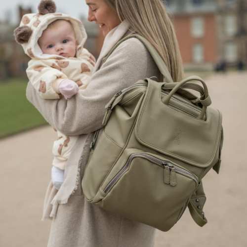 Green Baby Changing Backpack, Hospital Bag, Baby Shower Gift, Water-Resistant, Vegan Leather Baby Mom Bag, Award-Winning, New Mom Gift