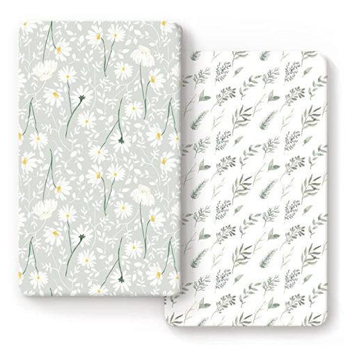 Stretchy Ultra Soft Jersey Knit Fitted Crib Sheets Set 2 Pack, Fit All Standard Crib Mattress Pads, Breathable Crib Sheet for Girls, Watercolor Daisy Flowers