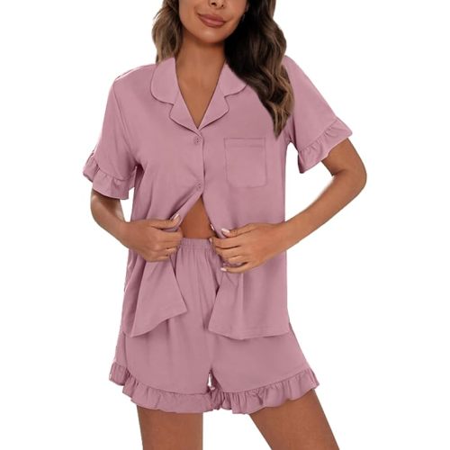 SWOMOG Woman Pajama Set Short Sleeve Pjs Set 2Pcs Short Pajamas Button Down Ruffle Hem Sleepwear Soft Modal Loungewear