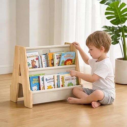 XiaZ Kids Bookshelf Wooden Montessori Toddler Bookshelf Solid Pine A-Frame Child Book Shelf with Handle, Portable Double-Sided Kids Nursery Book Organizer Bookcase Easy Install for Study Room