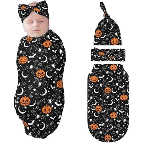 Halloween Swaddle Blankets Newborn Receiving Blanket Baby Swaddle Wrap with Headband Hat Set for Baby Girls Boys