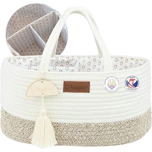 Diaper Caddy Organizer, Boho Diaper Bag Tote for Changing Table Necessities and Baby Essentials Must Haves for Newborn, Car Caddy Organizer, Portable Storage Basket for Boy or Girl, White/Beige