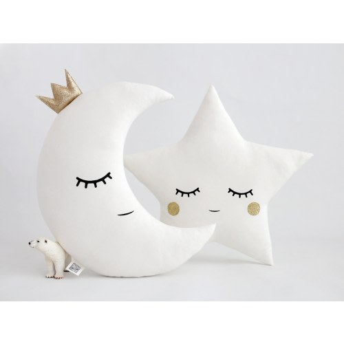 Gold nursery decor, white kids pillow set moon and star throw cushions baby girl gift for boy room crib cot infant bed twinkle teepee canopy