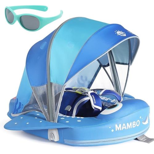 Mambobaby Float with Canopy and Tail New Upgraded Non-Inflatable Baby Pool Float Mambo Float Swim Trainer Solid Infant Swim Float Adjustable Pearl Foam Baby Swim Ring